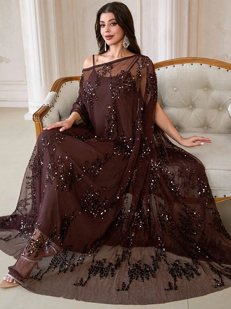 TOLEEN Sequin Ruffle Batwing Sleeve Robe Dress