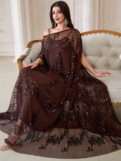 TOLEEN Sequin Ruffle Batwing Sleeve Robe Dress