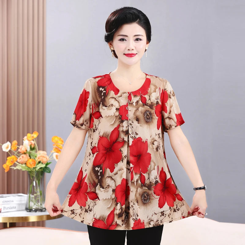 Plus Size Floral Print Pleated T-Shirt