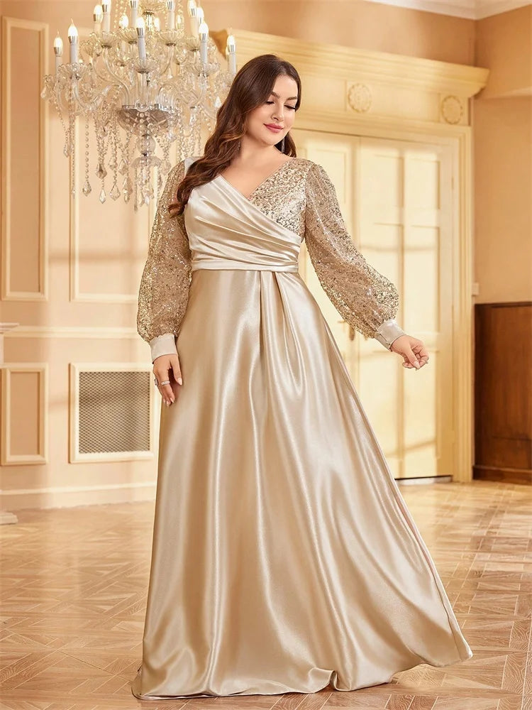 Plus Size Green Sequin V-Neck Evening Gown