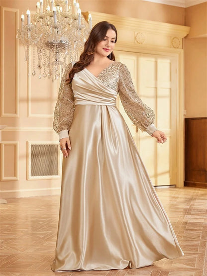 Plus Size Green Sequin V-Neck Evening Gown