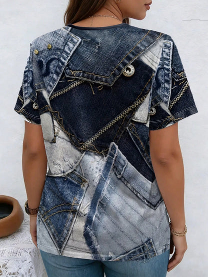 Women’s Denim Print V-Neck Casual T-Shirt