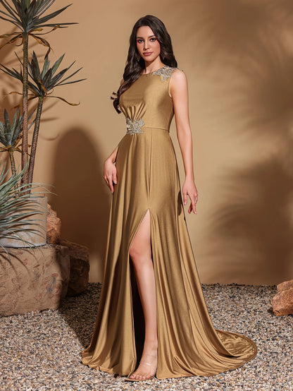 Asymmetrical Appliqué Sleeveless Slit Back Evening Gown for Women