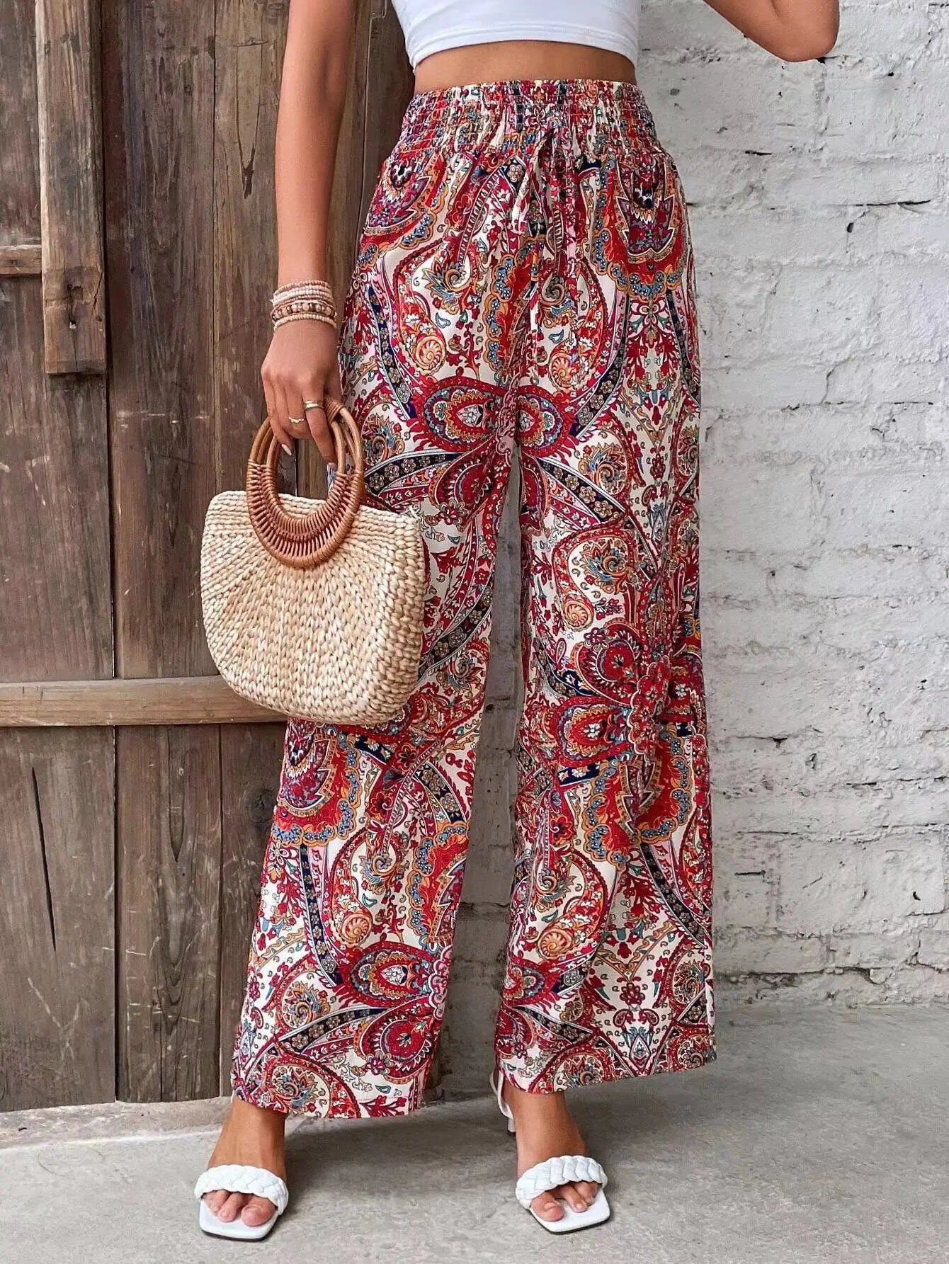 Women’s Vintage Print High-Waisted Wide Leg Pants