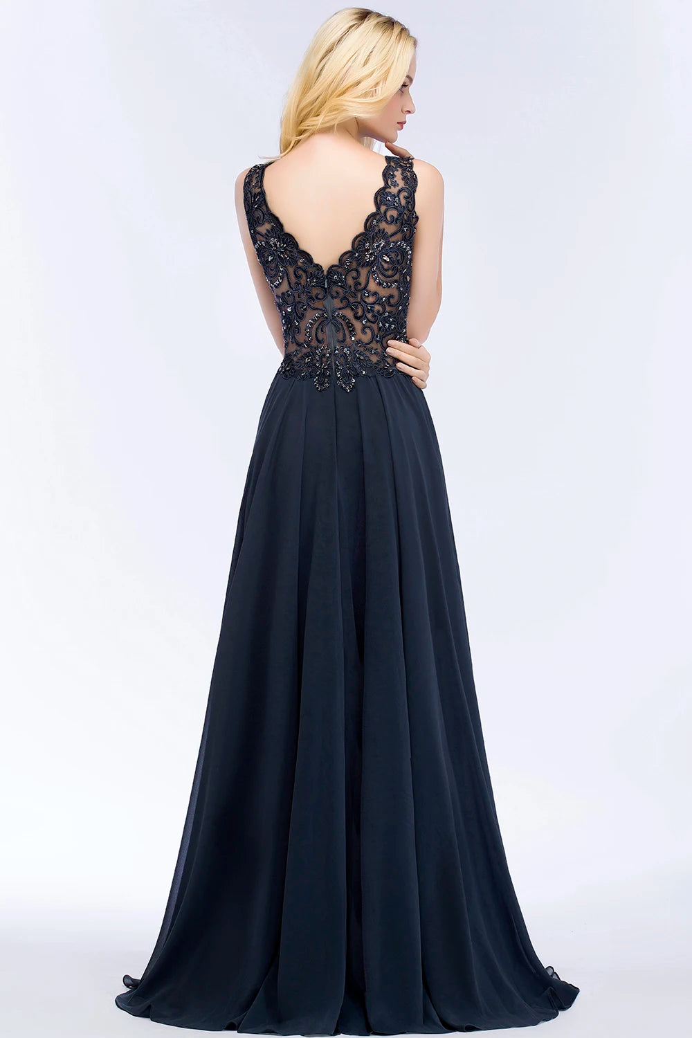 Elegant Navy Blue Chiffon Beaded Evening Gown for Women