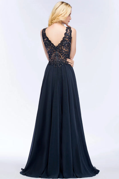 Elegant Navy Blue Chiffon Beaded Evening Gown for Women