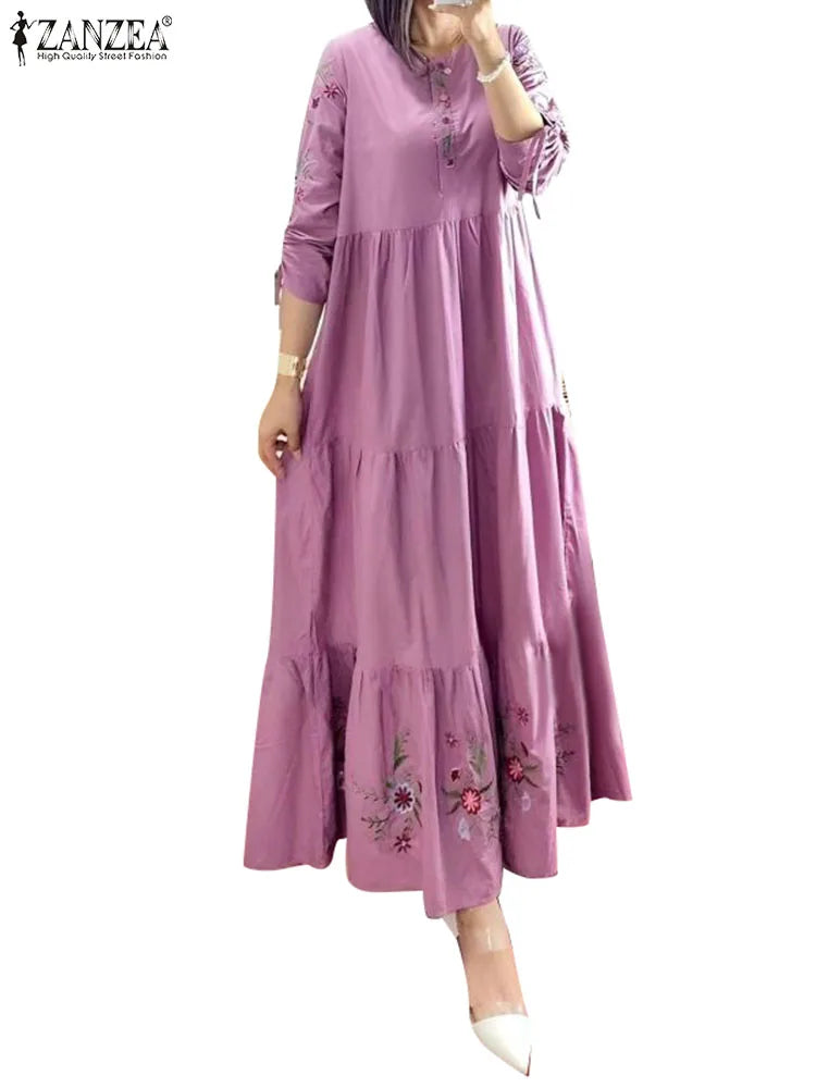 ZANZEA Floral Print Ruffle Hem Abaya Maxi Dress for Women