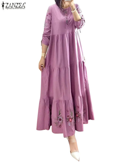 ZANZEA Floral Print Ruffle Hem Abaya Maxi Dress for Women