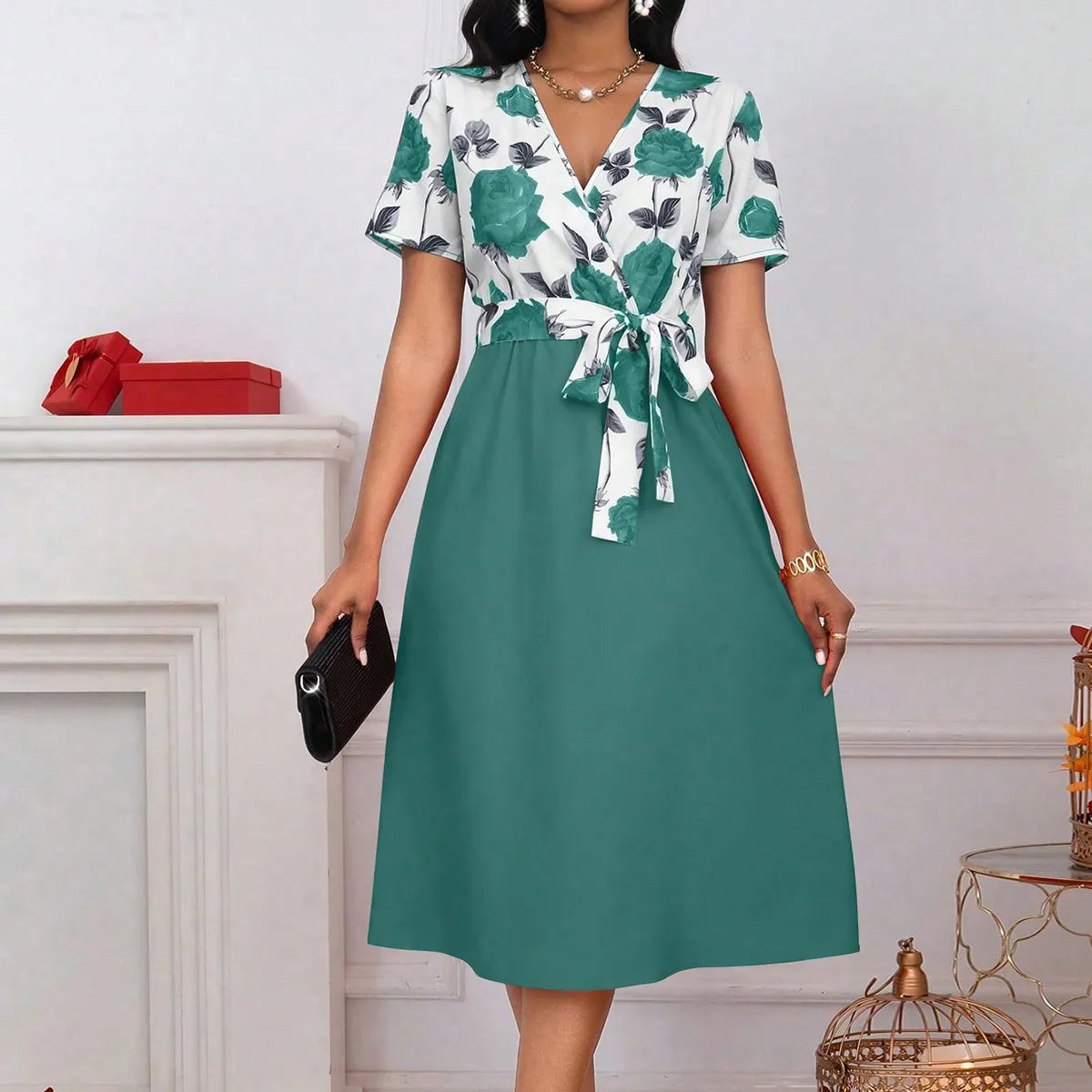 Women’s Floral Print Tie Waist Midi Dress