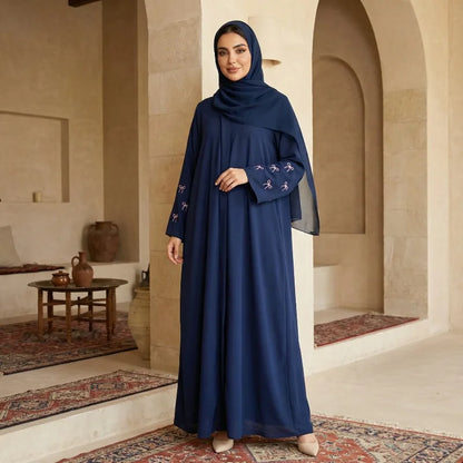 Eid Bow Embroidery Abaya & Hijab 2-Piece Set for Women