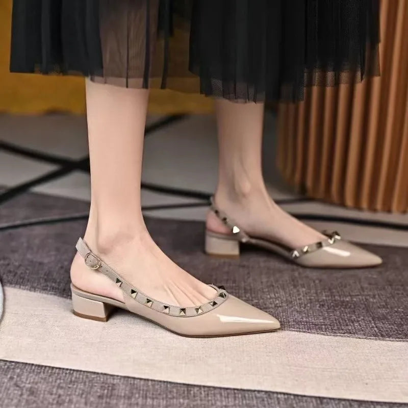 Women's Retro Rivet Pointed-Toe Patent Leather Heels