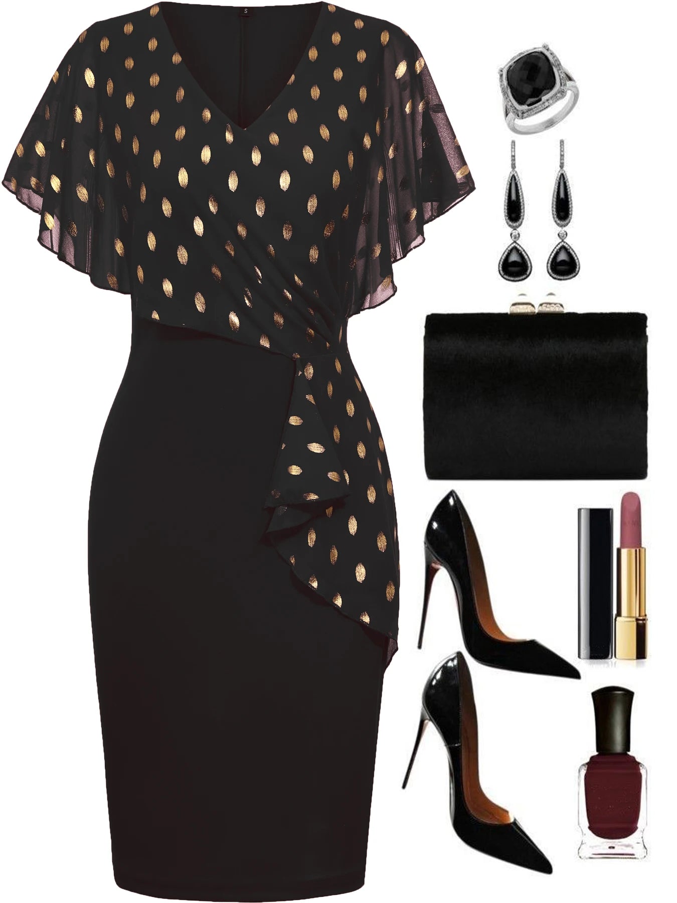 Women’s Polka Dot Cape Ruffle Bodycon Dress