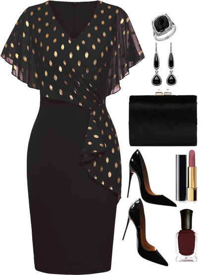 Women’s Polka Dot Cape Ruffle Bodycon Dress