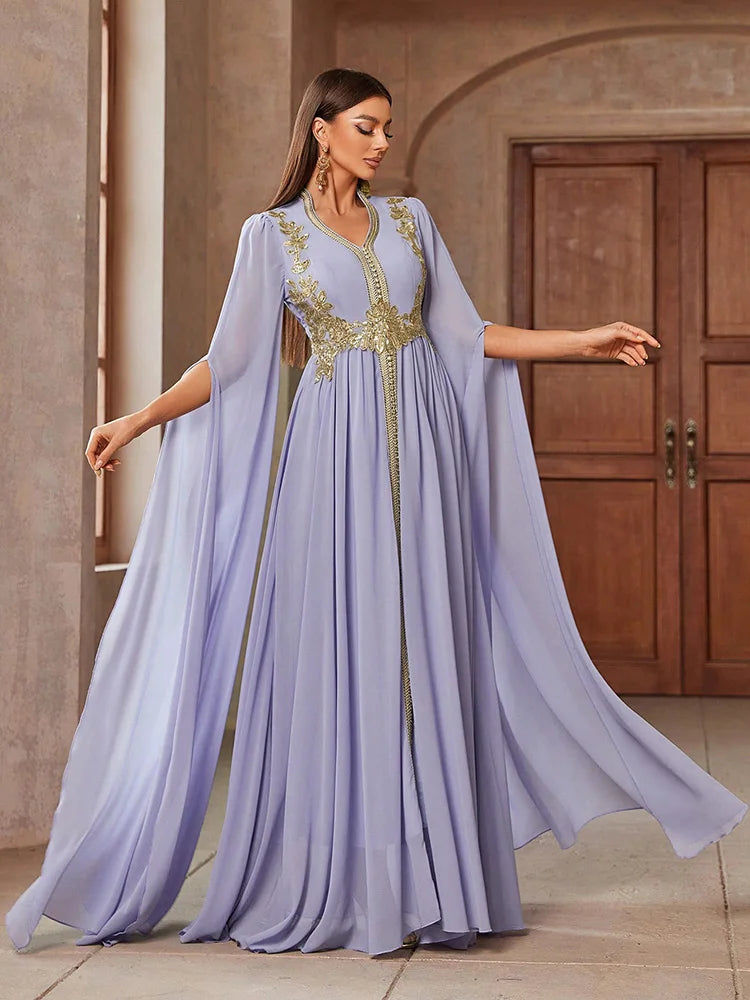 TOLEEN Embroidered Cape Sleeve Arabian Evening Dress