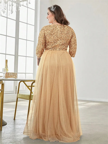 Plus Size Sequin V-Neck Floor-Length Evening Gown for Women