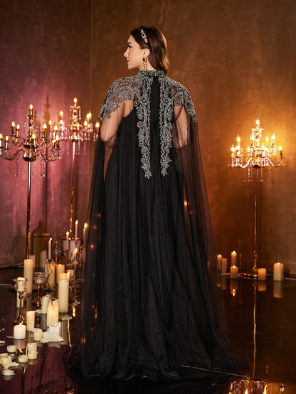 UNITHORSE Plus Size Applique Mesh Maxi Evening Dress