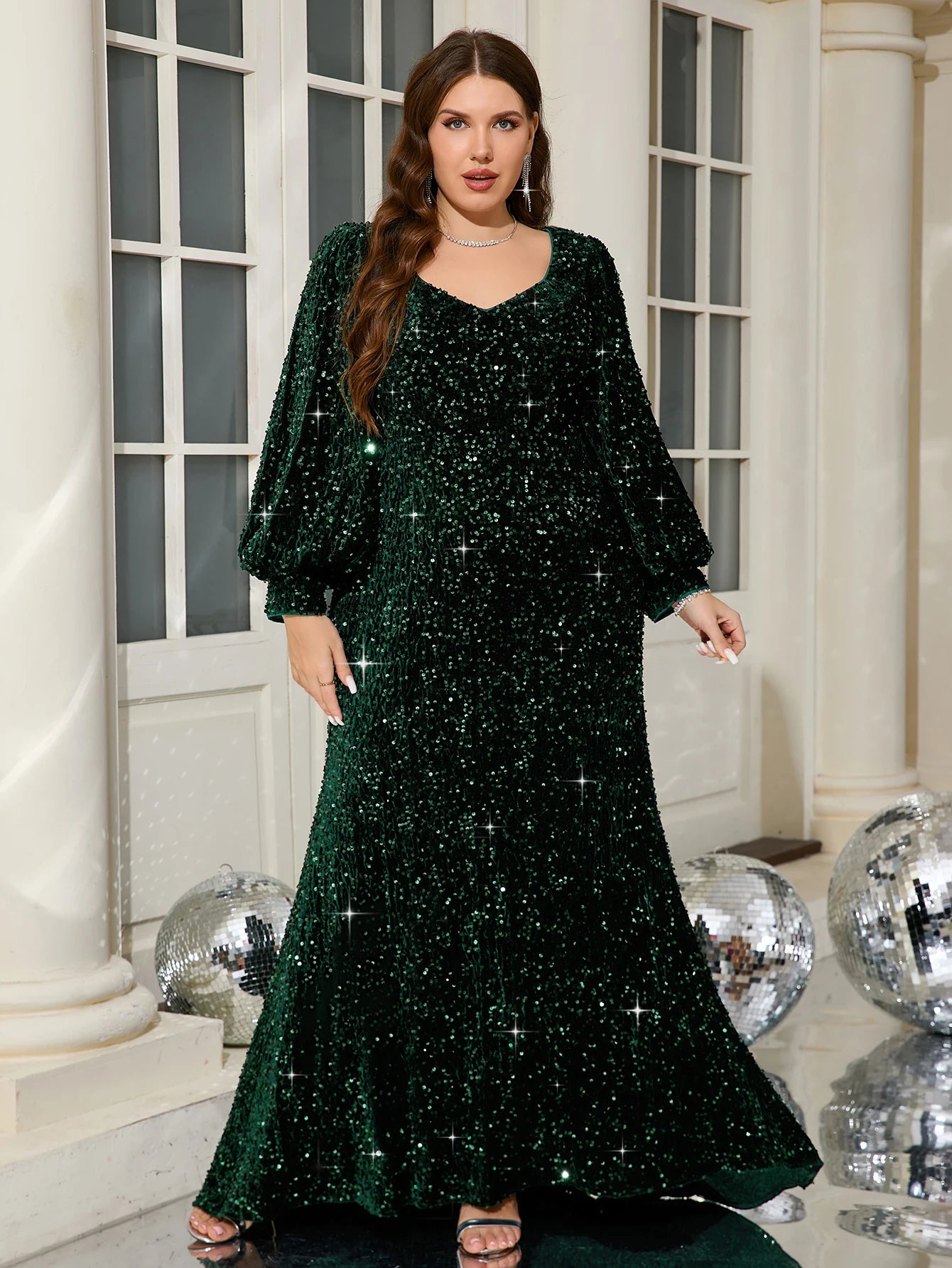UNITHORSE Glitter Velvet Lantern Sleeve Maxi Dress