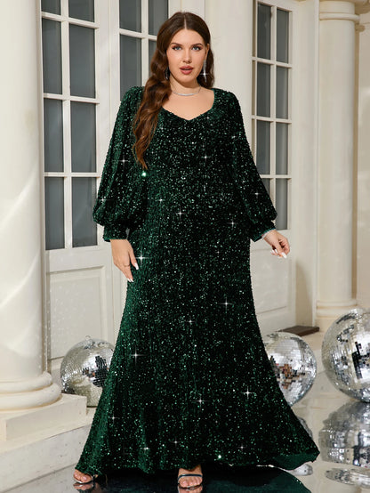 UNITHORSE Glitter Velvet Lantern Sleeve Maxi Dress