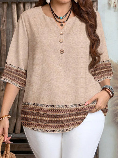 Plus Size Retro Print Button-Up Casual Shirt