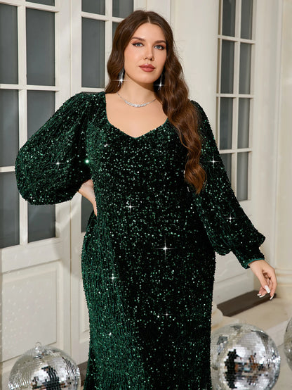 UNITHORSE Glitter Velvet Lantern Sleeve Maxi Dress