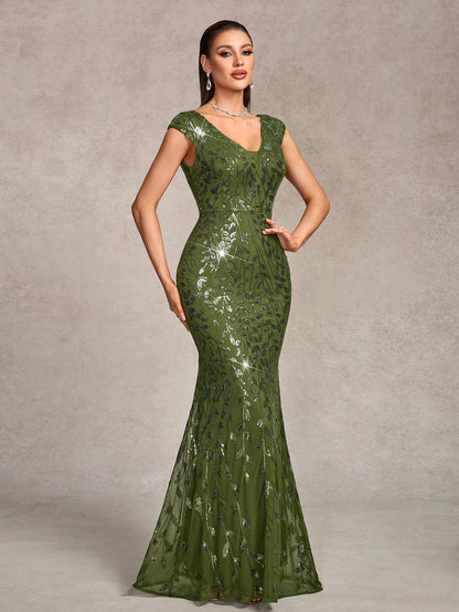 Elegant V-Neck Sequin Mermaid Evening Gown for Women