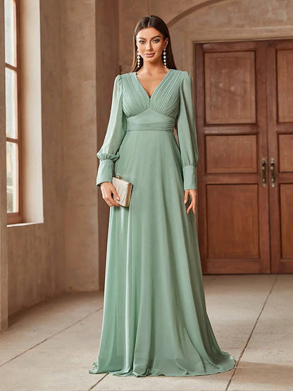 TOLEEN Elegant V-Neck Long Sleeve Maxi Dress