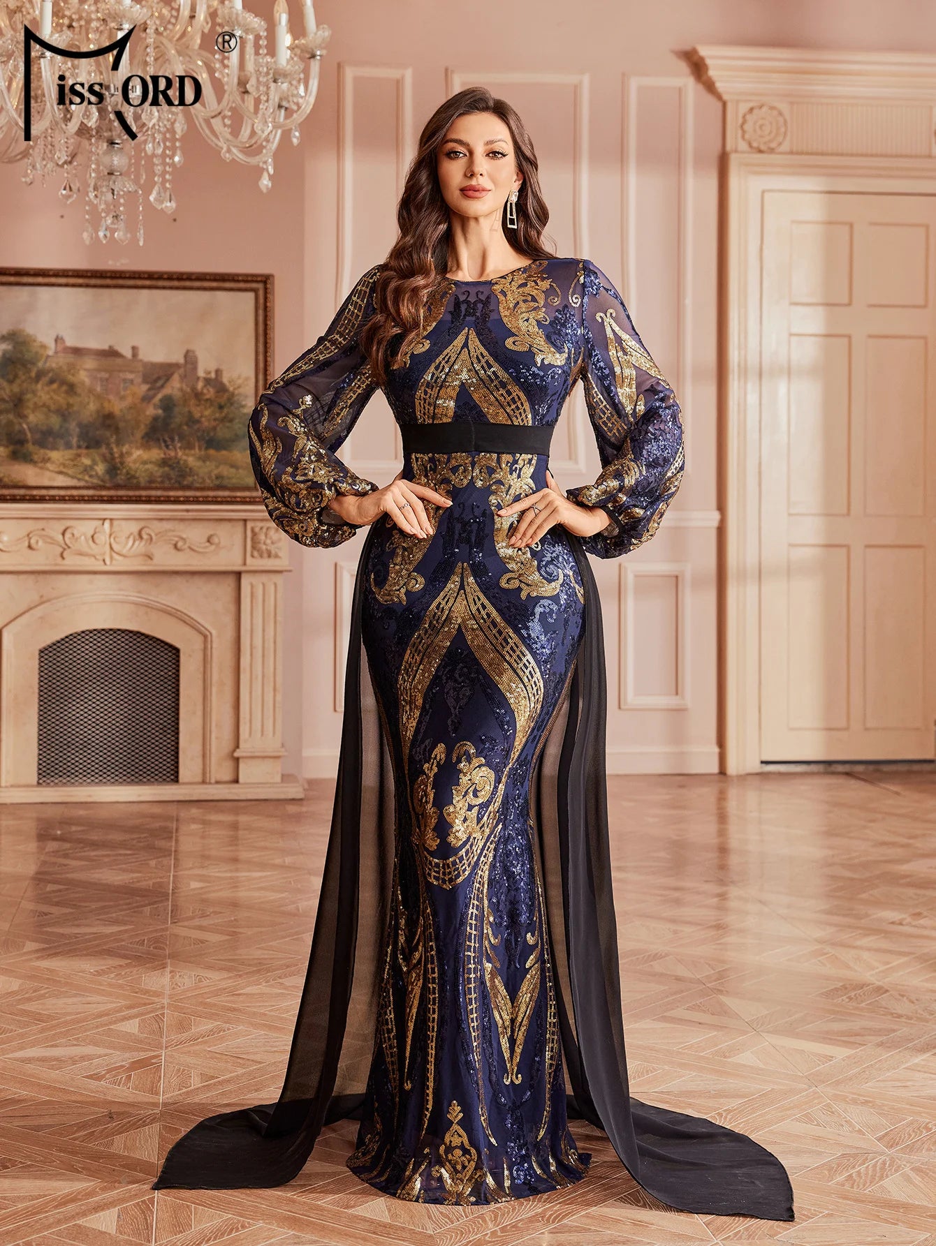 Missord Sequin Lantern Sleeve Mermaid Evening Gown