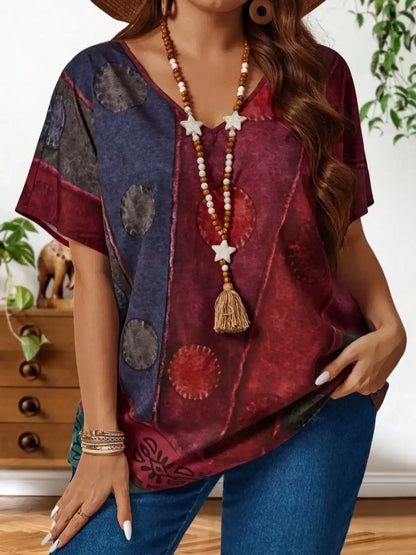 Plus Size Color Block Batwing Sleeve Blouse