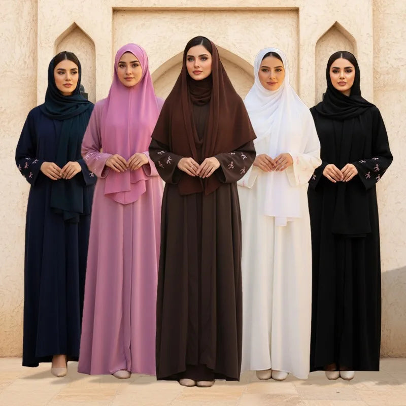 Eid Bow Embroidery Abaya & Hijab 2-Piece Set for Women