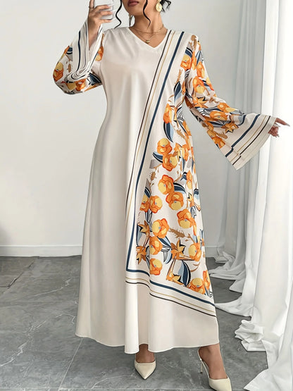 Plus Size Ethnic Print V-Neck Robe Dress