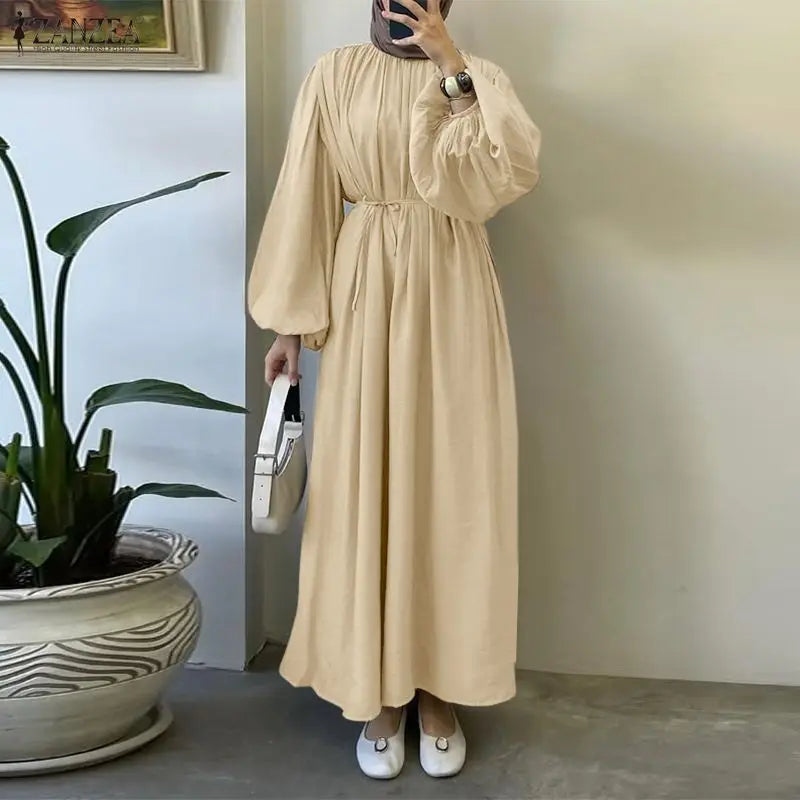 ZANZEA Elegant Lantern Sleeve Pleated Abaya Kaftan Dress for Women