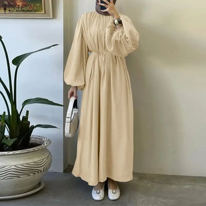 ZANZEA Elegant Lantern Sleeve Pleated Abaya Kaftan Dress for Women