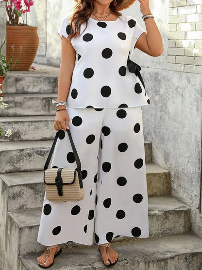 Plus Size Polka Dot Top & Wide Leg Pants Set