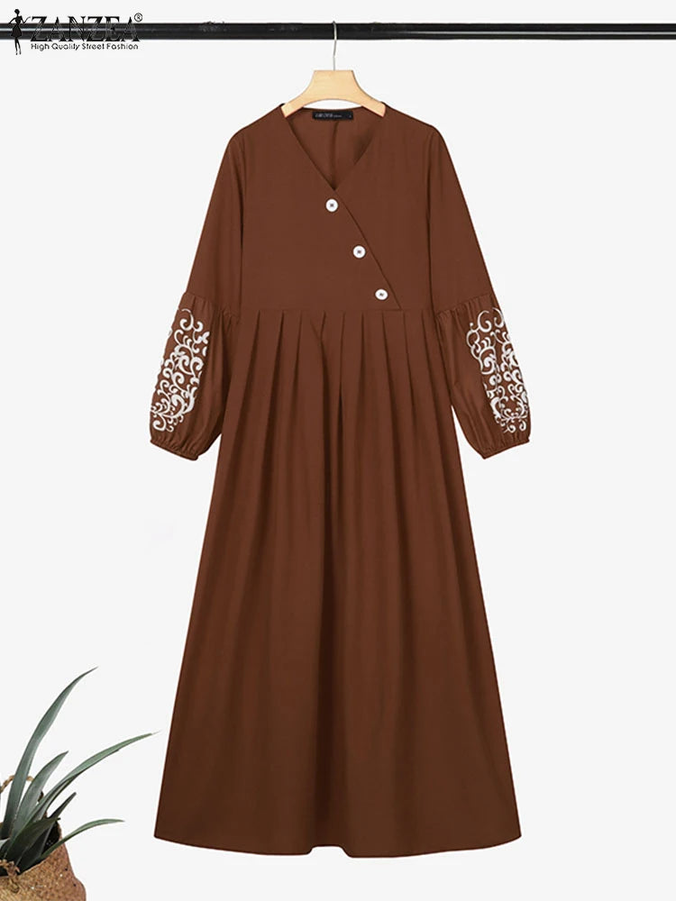 ZANZEA Printed Lantern Sleeve Pleated Abaya Maxi Dress for Women