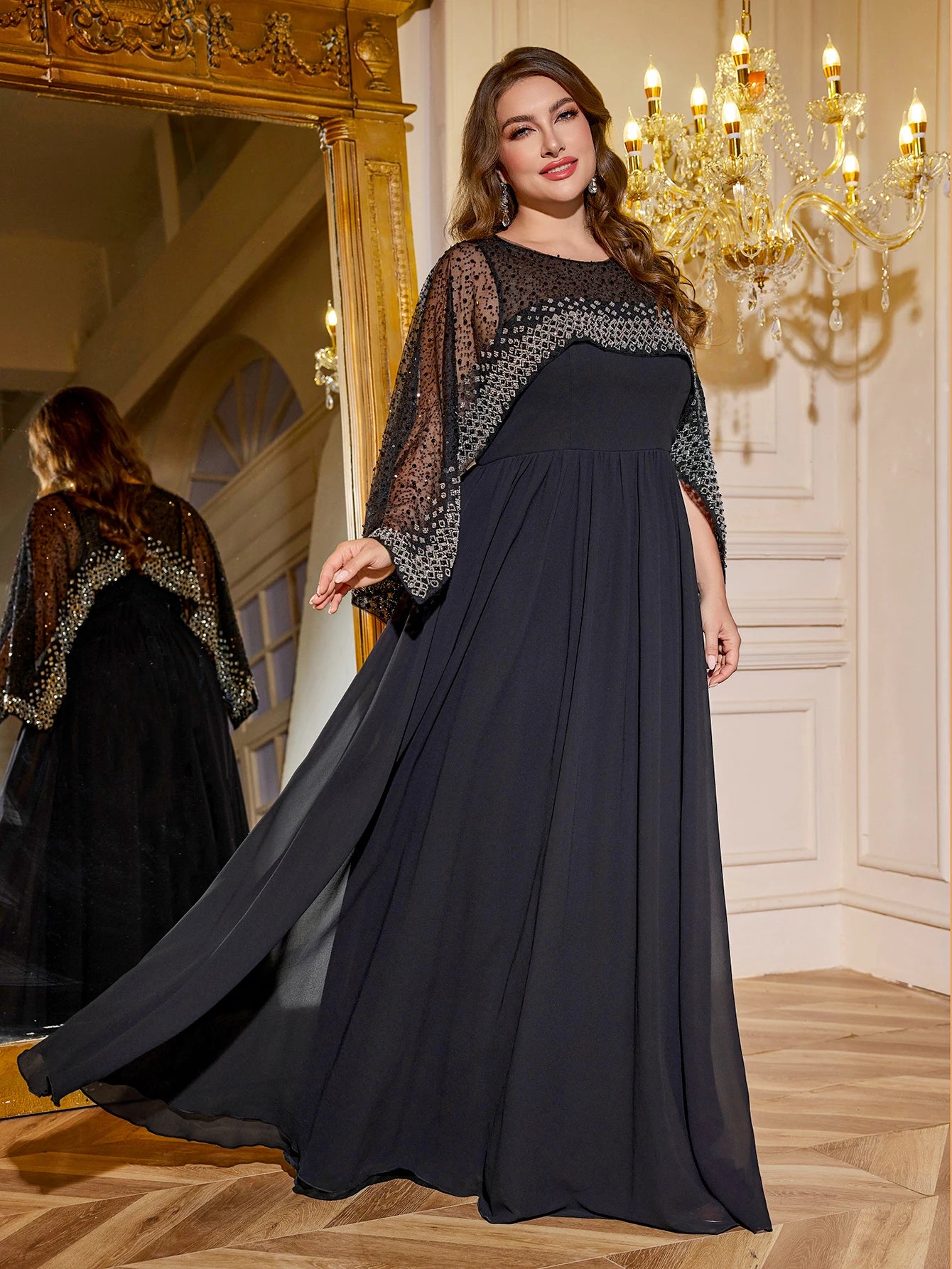 UNITHORSE Plus Size Cape Sleeve Sequin Chiffon Dress