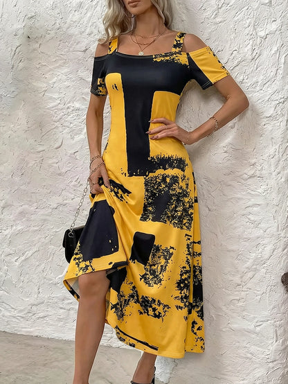 Plus Size Abstract Cold Shoulder Maxi Dress