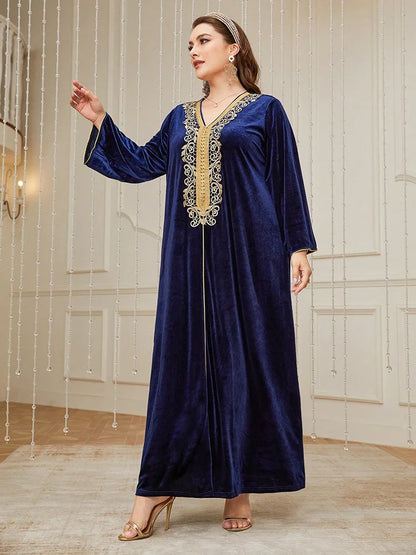 TOLEEN Plus Size Lace Velvet Abaya Maxi Dress