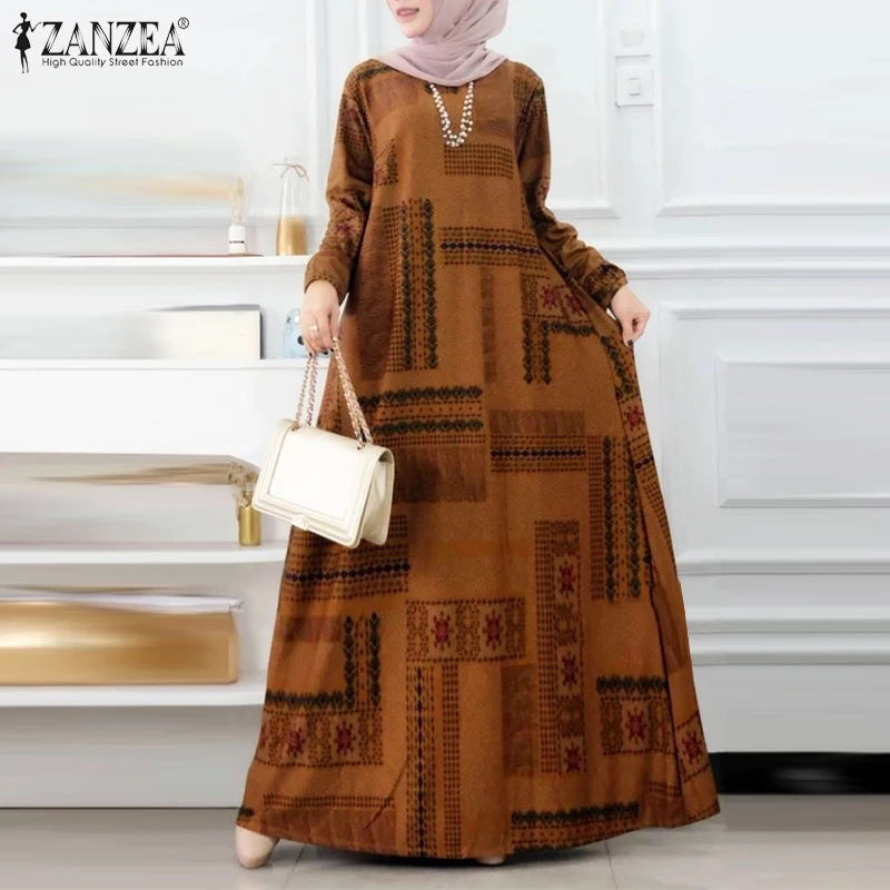 ZANZEA Muslim Women's Vintage Printing Long Dresses Modest Hijabs Long Sleeve Baggy Abaya Robes Islamic Ramadan Eid Kaftan