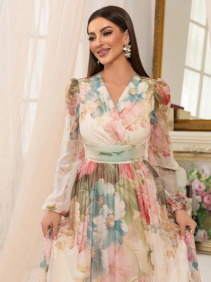 TOLEEN Women’s Floral Print Lantern Sleeve Maxi Dress