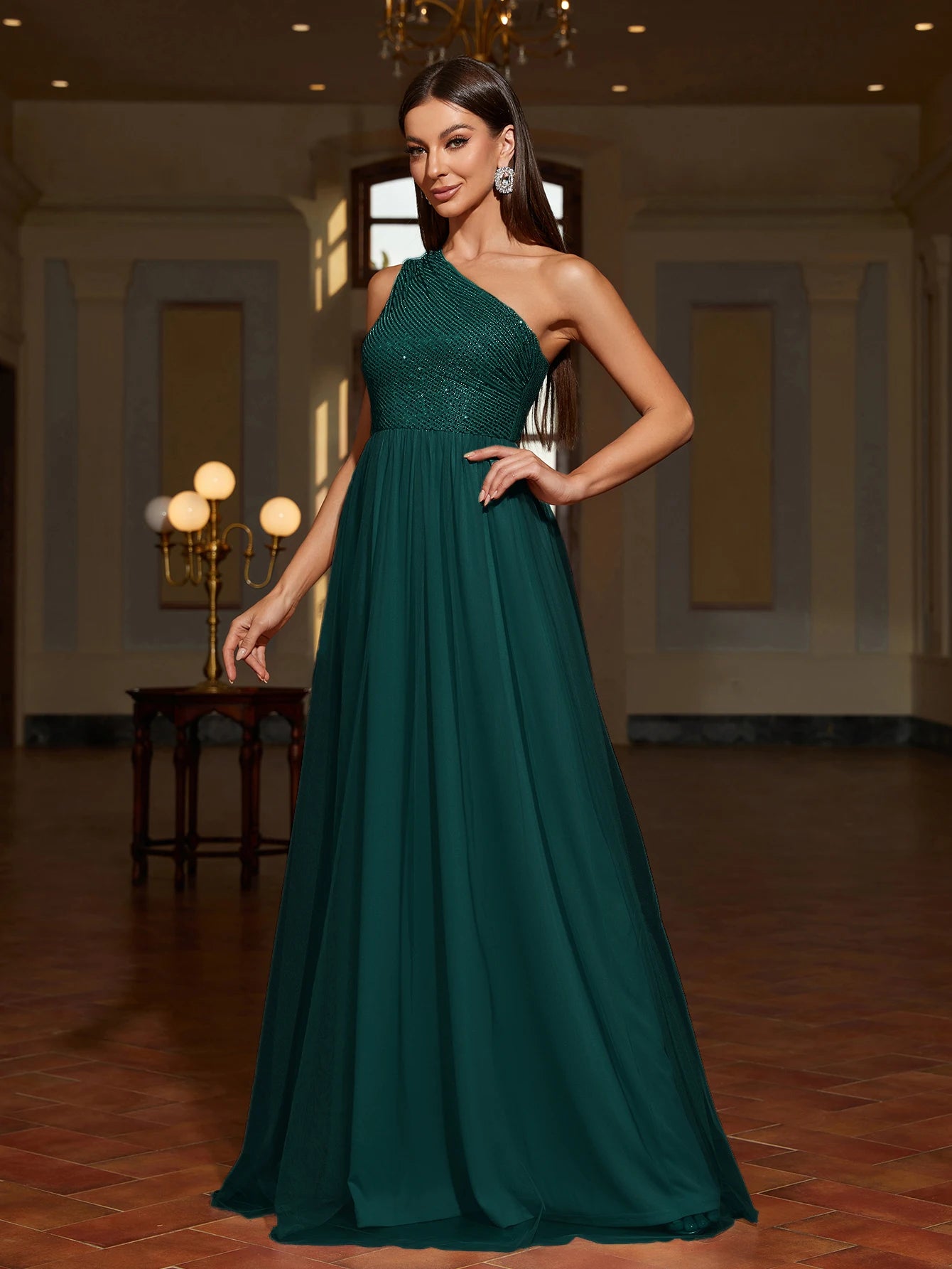 Asymmetrical Sequin Mesh Evening Gown for Women