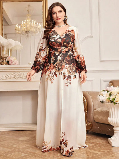 TOLEEN Plus Size Floral Print Lantern Sleeve Maxi Dress
