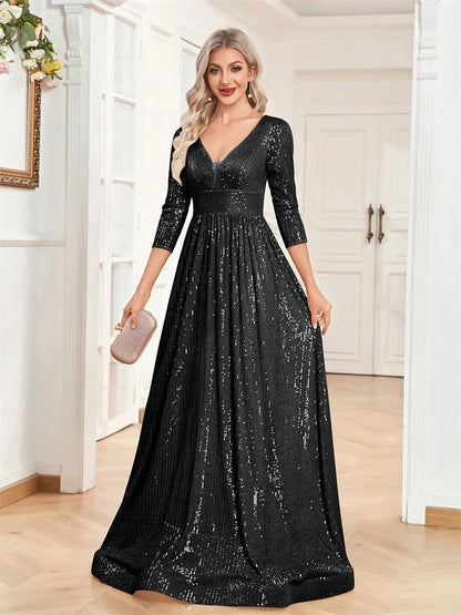 Luxury Blue Sequin V-Neck Evening Gown for Women