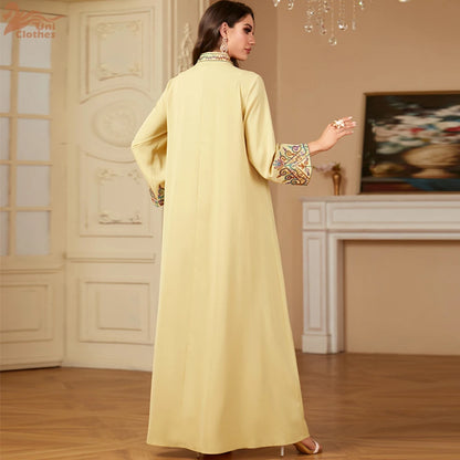 Embroidered V-Neck Dubai Abaya Jalabiya Dress for Women