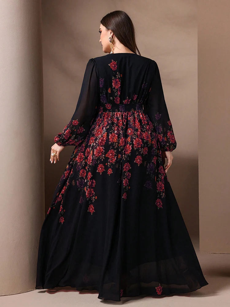 TOLEEN Plus Size Floral Print V-Neck Maxi Dress