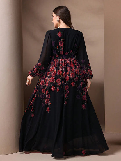 TOLEEN Plus Size Floral Print V-Neck Maxi Dress