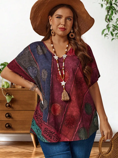 Plus Size Color Block Batwing Sleeve Blouse