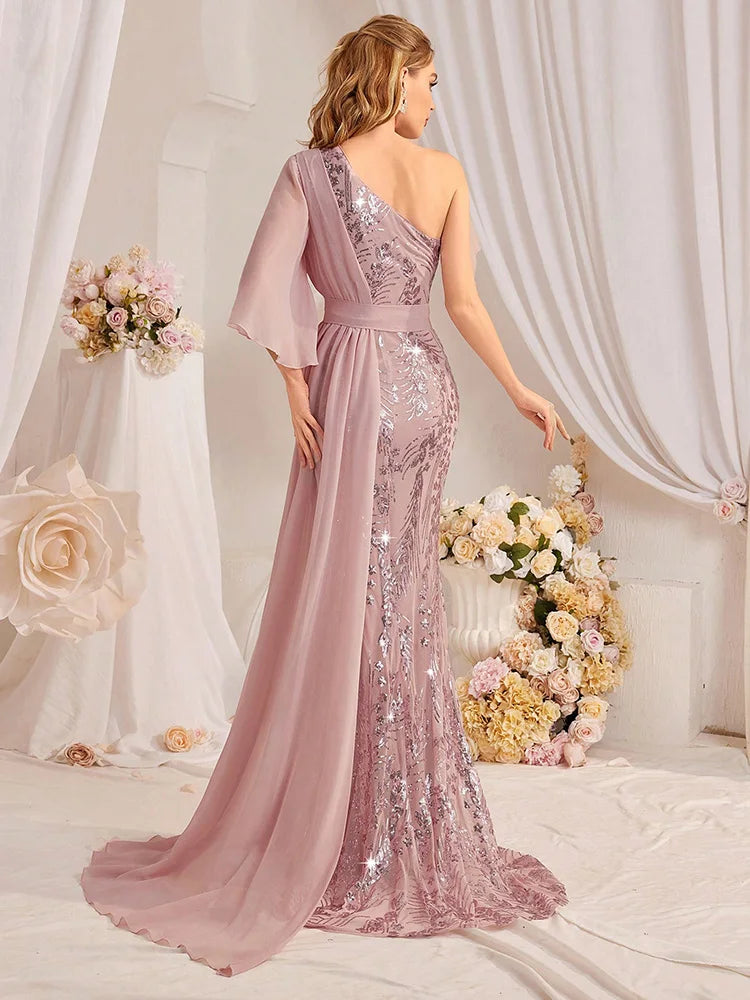 TOLEEN One Shoulder Sequin Maxi Evening Gown