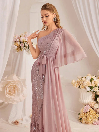 TOLEEN One Shoulder Sequin Maxi Evening Gown