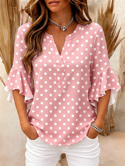 Women’s Polka Dot Ruffle Sleeve V-Neck Blouse