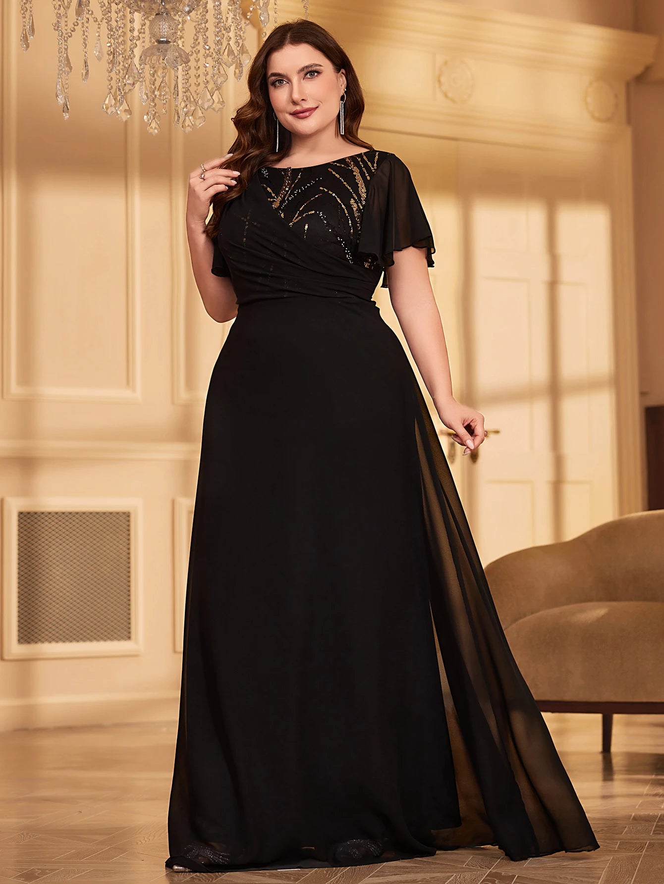 UNITHORSE Plus Size Sequin Chiffon Party Dress
